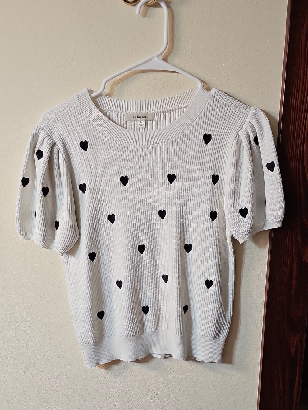 White Puff Sleeve Heart Print Knit Top